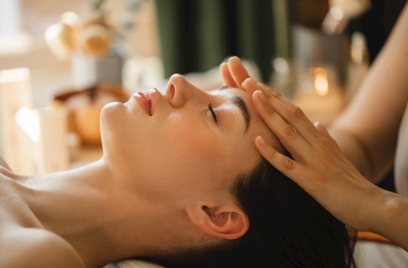 Close-up of a relaxing facial massage as therapist hands gently knead a man&rsquo;s face on a spa bed.